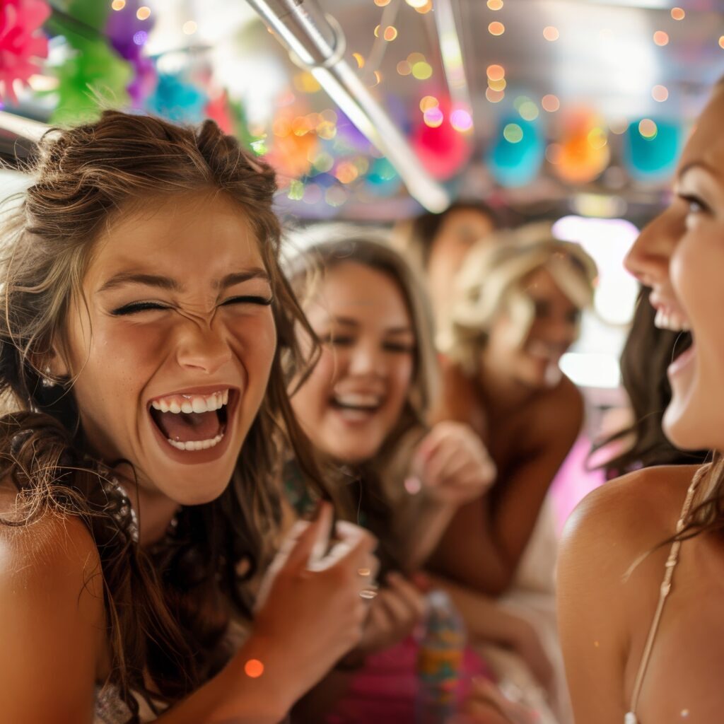 A bride-to-be laughs with her bridesmaids during a festive bachelorette party on a party bus A bride-to-be laughs with her bridesmaids during a festive bachelorette party on a party bus
